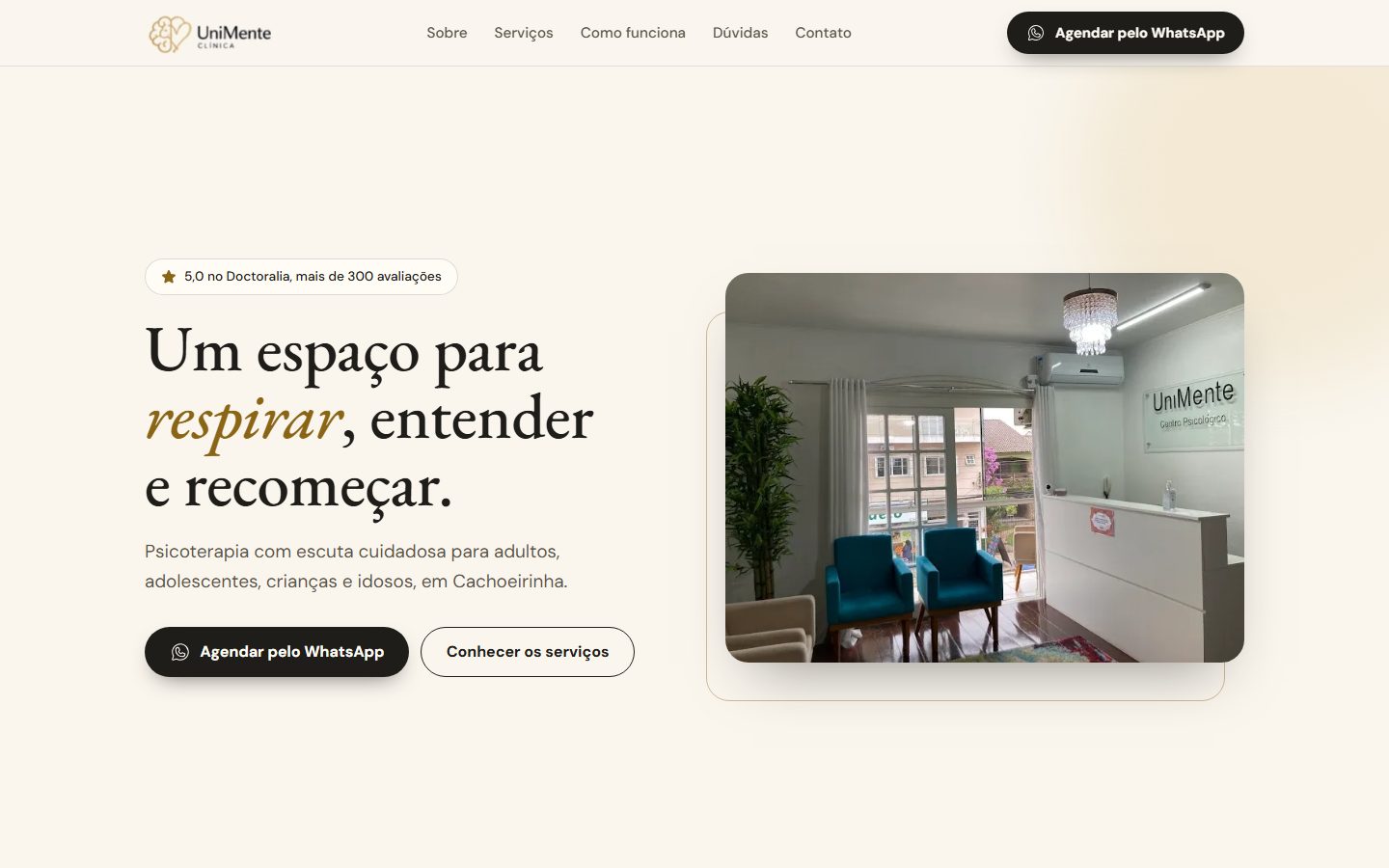 Site da clínica UniMente, com o título Um espaço para respirar, entender e recomeçar