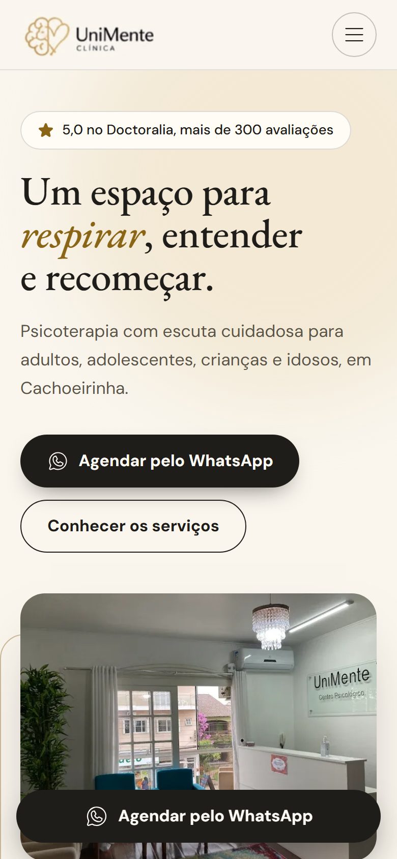 Site de UniMente, versão para celular